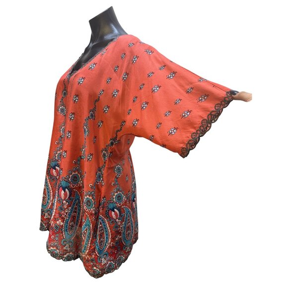 Johnny Was Silk Coral Sheer Floral Tunic Top w/Lace Trim Size L - Picture 5 of 10